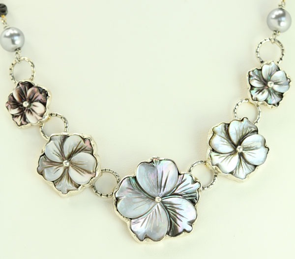 Mother of Pearl Flower Collar with Lava Stone & Vermeil