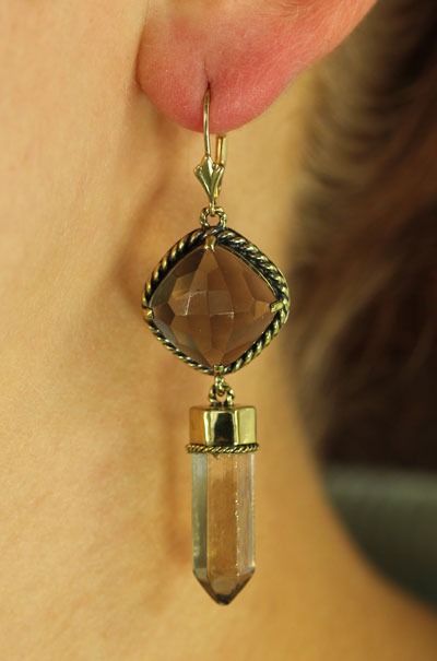 Faceted Smoky Topaz & Aura Crystal Lever Back Earrings