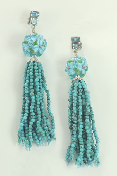 Turquoise & Hand Made Glass Post Dangle Earrings