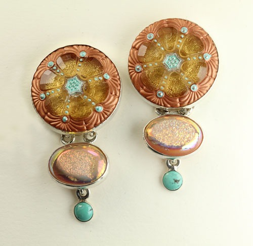 Czech Glass Button Clip Dangles with Gold Drusy