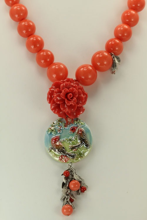 Hand Carved Coral Flower Necklace  