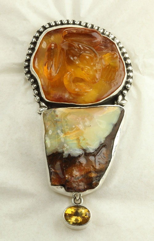 Amber Frog & Boulder Opal Pin-Pendant