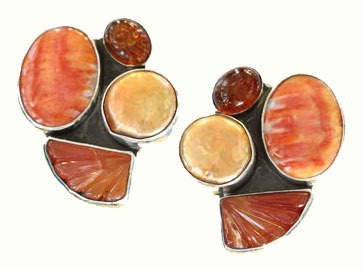 Amber & Spiny Oyster Cluster Clip Earrings