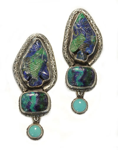 Azurite Malachite Fish Clip Dangle Earrings