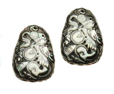 Carved Mother of Pearl Large Clip Earrings