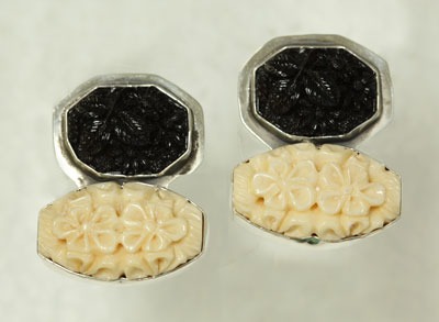 Carved Vintage Glass & Carved Bone Clip Earrings