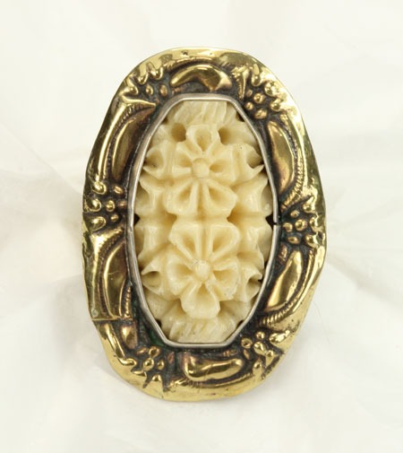 Carved Vintage Glass & Carved Bone Clip Earrings