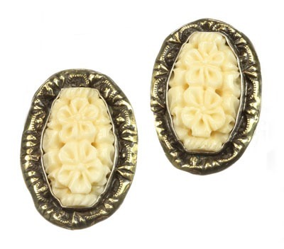 Carved Vintage Glass & Carved Bone Clip Earrings