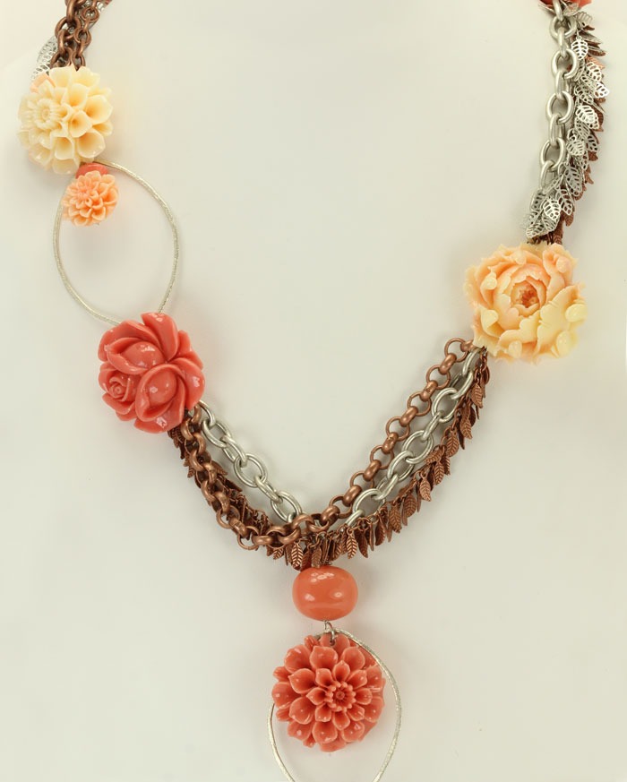 Coral Flower Statement Necklace--37" LONG; ADJUSTABLE