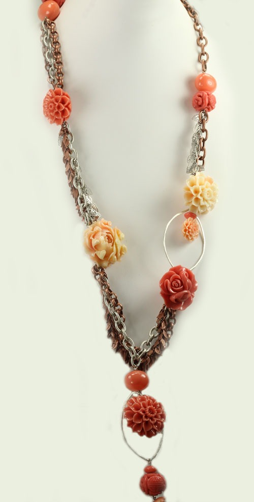Coral Flower Statement Necklace--37" LONG; ADJUSTABLE