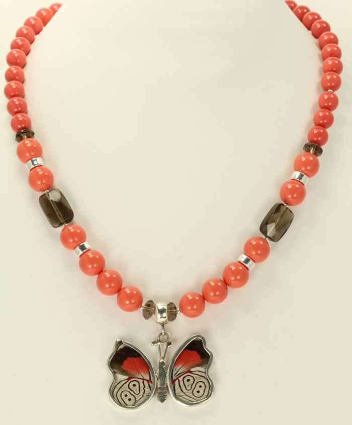 Coral Necklace with Natural Butterfly Wing Pendant