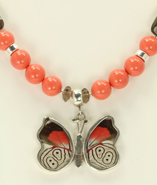 Coral Necklace with Natural Butterfly Wing Pendant