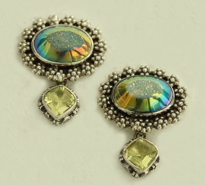 Drusy & Lemon Topaz Post Dangle Earrings