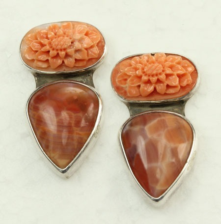 Fossilized Coral & Fire Agate Post Earrings--CAN BE CONVERTED TO CLIP