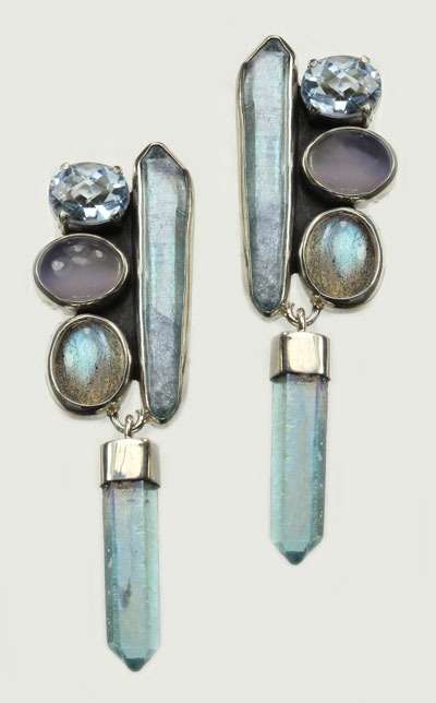 Labradorite & Aura Crystal Clip Dangle Earrings