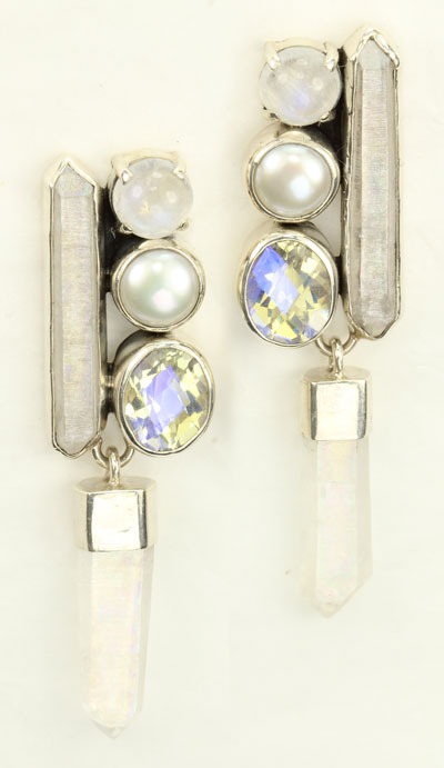 Moonstone & Aura Crystal Post Dangle Earrings--ONE OF A KIND