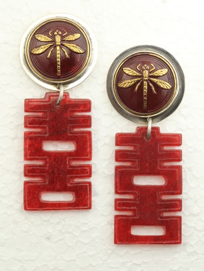 Red Czech Glass Button Dangle Post Earrings