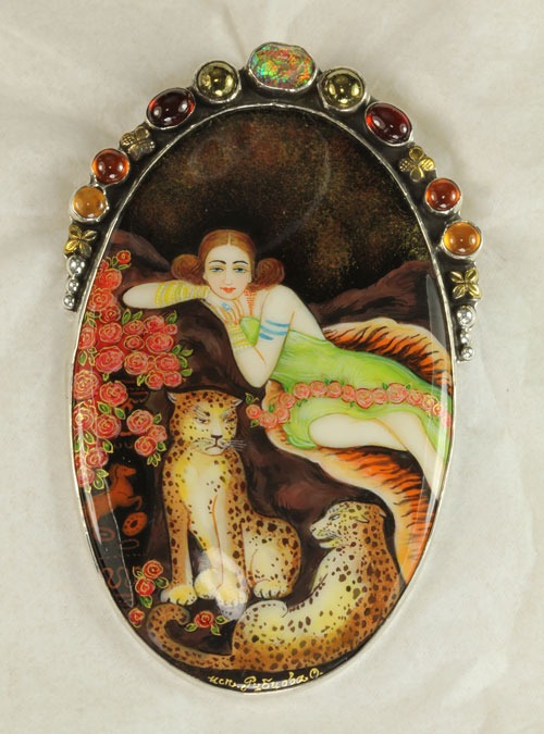 Russian Hand Painting on Black Onyx- PIN-PENDANT