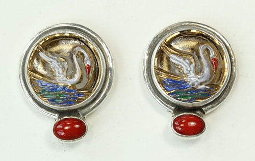 Swan Czech Glass Button Earrings
