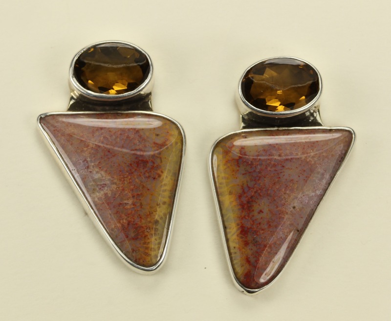 Bali Coral & Whiskey Topaz Clip Earrings