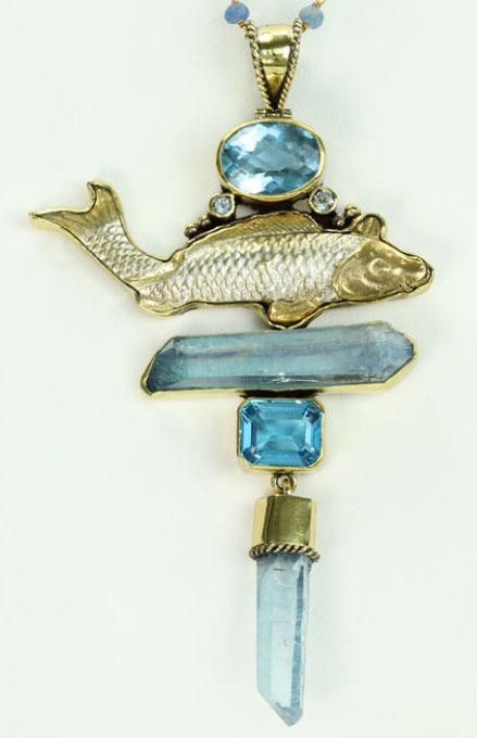 Blue Aura Crystal & Japanese Menuki Pendant Necklace