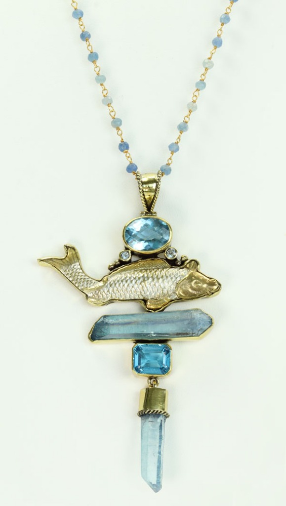 Blue Aura Crystal & Japanese Menuki Pendant Necklace