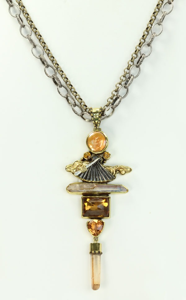 Orange Aura Crystal & Japanese Menuki Pendant Necklace