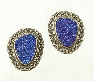 Blue Drusy Clip Earrings