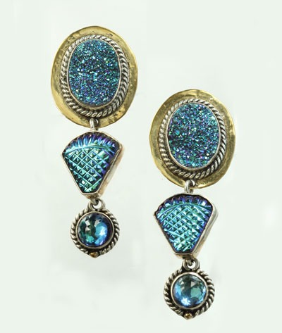 Blue Titanium Agate Drusy Clip Earrings