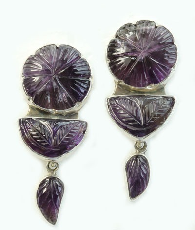Carved Amethyst Post Dangle Earrings