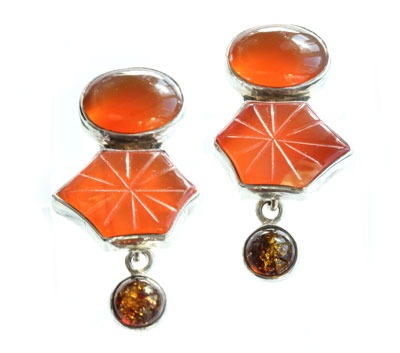 Carved Carnelian & Amber Clip Earrings