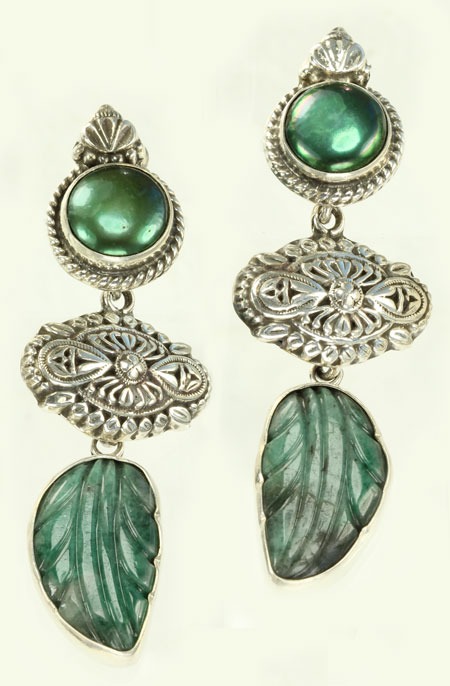 Carved Emerald Clip Dangle Earrings--CAN BE CONVERTED TO POST