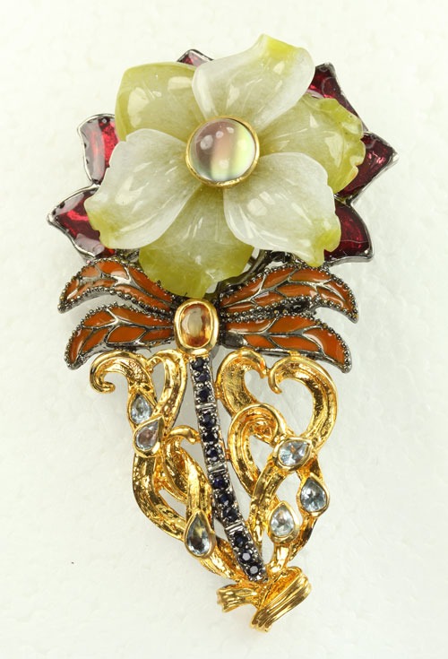 Carved Serptentine Flower Pin-Pendant