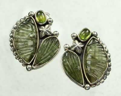 Carved Tourmaline & Peridot Clip Earrings
