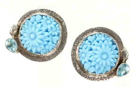 Carved Vintage Glass Large Clip Earrings