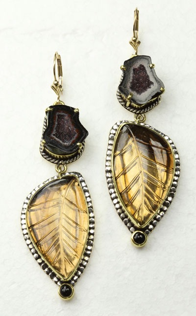 Carved Whiskey Quartz Lever Back Dangles