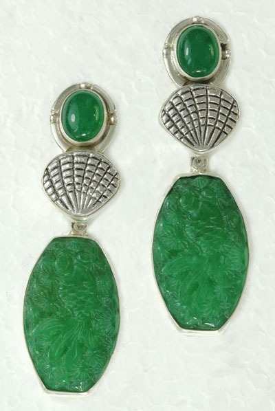 Emerald Green Fish & Clamshell Post Earrings
