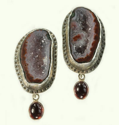 Geode & Garnet Clip Dangle Earrings
