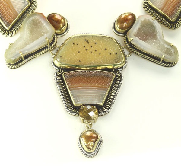 Hand Carved Agate & Natural Drusy Collar