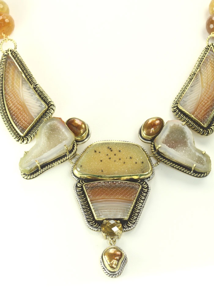 Hand Carved Agate & Natural Drusy Collar