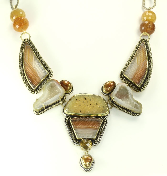 Hand Carved Agate & Natural Drusy Collar