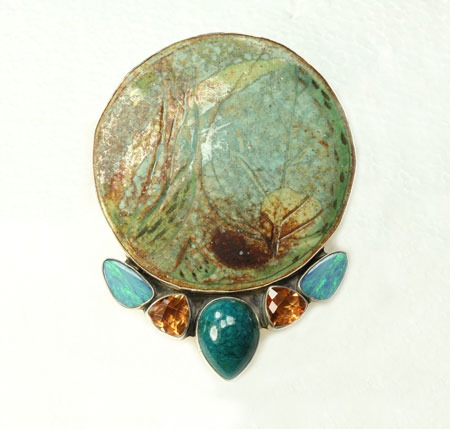 Hand Made Large Teal Porcelain Pin-Pendant with Fall Leaf Design