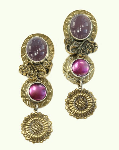 Purple Agate & Pearl Clip Dangle Earrings