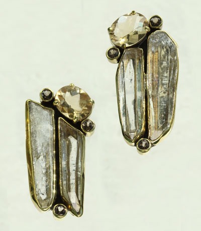 Smokey Quartz & Aura Crystal Clip Earrings