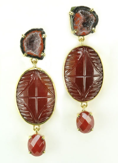 Carved Carnelian with Geode Post Dangle Earrings