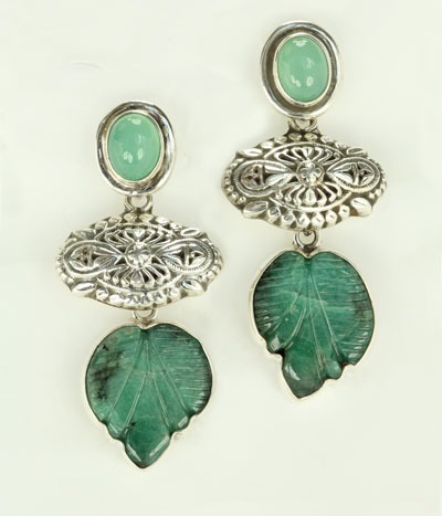 Carved Emerald Post Dangle Earrings