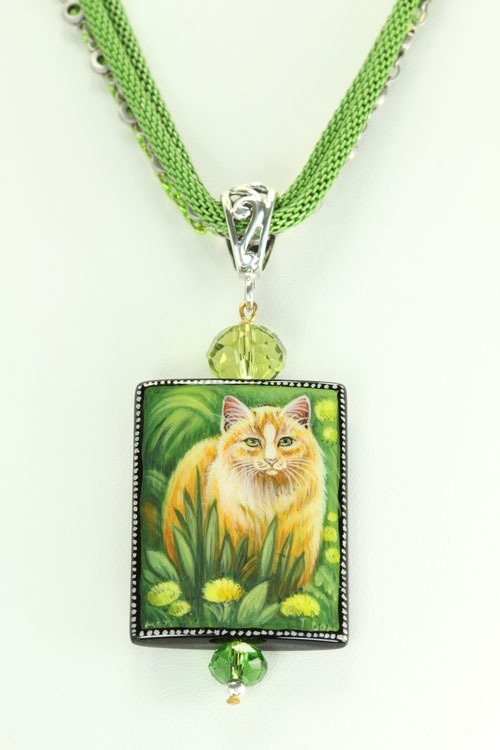 Green-Eyed Cat Pendant Necklace--25" LONG