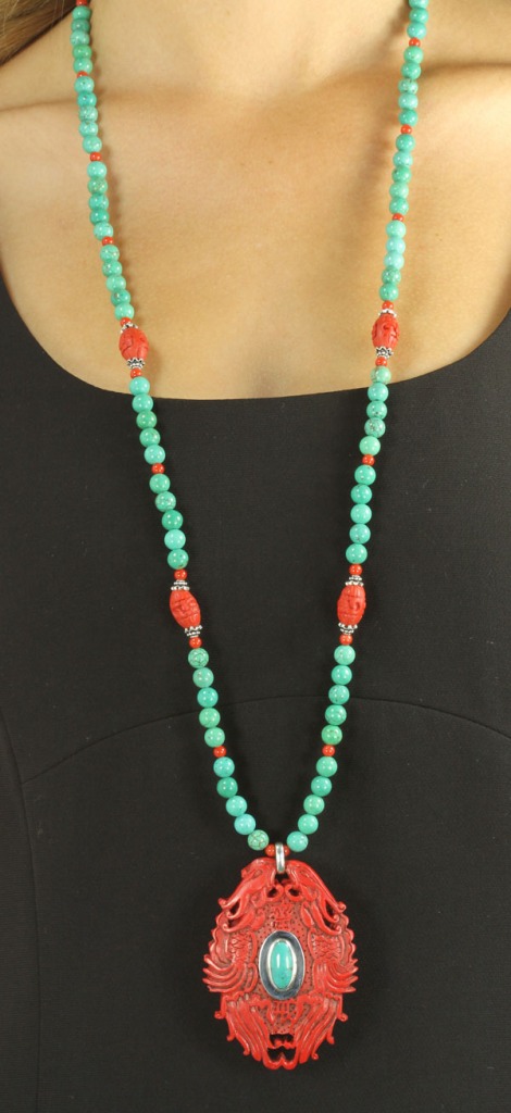 Hand Carved Long Cinnabar Necklace