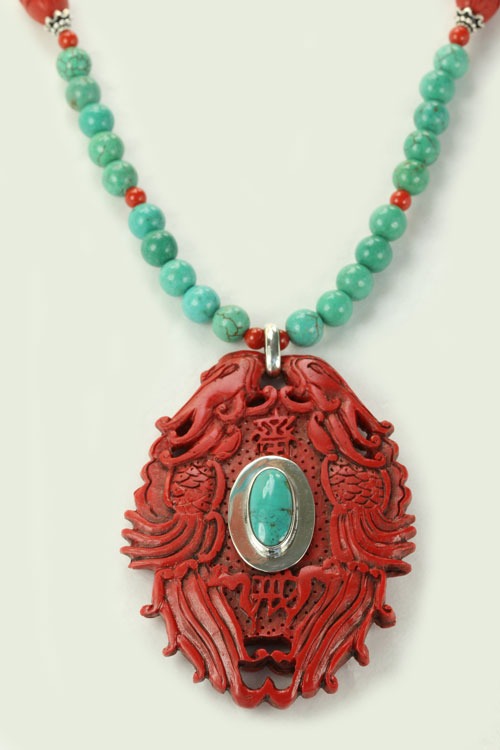 Hand Carved Long Cinnabar Necklace