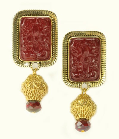 Hand Carved Red Quartz Clip Earrings
